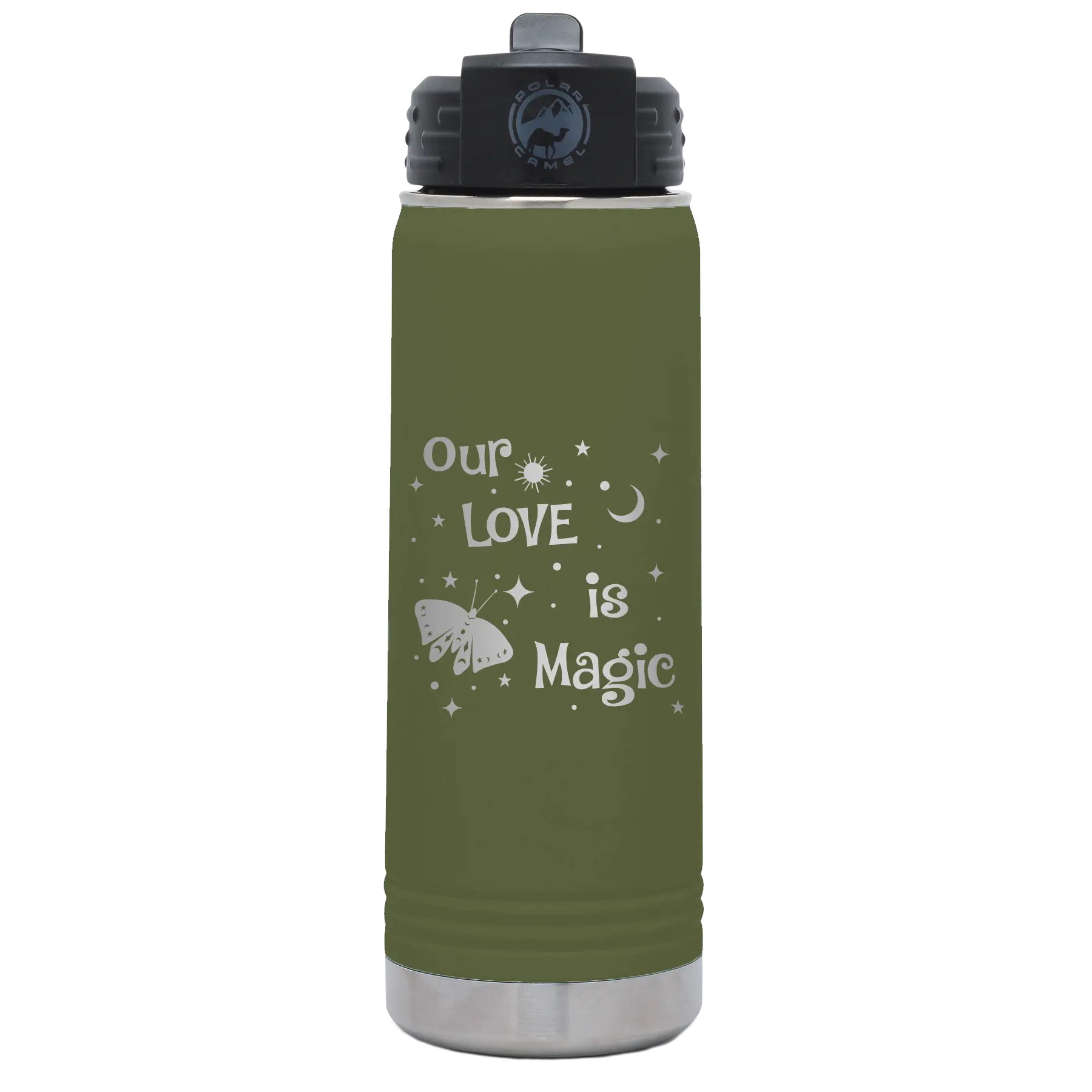 Laser etched olive green 20 oz vacuum insulated water bottle with 'Our Love is Magic' design