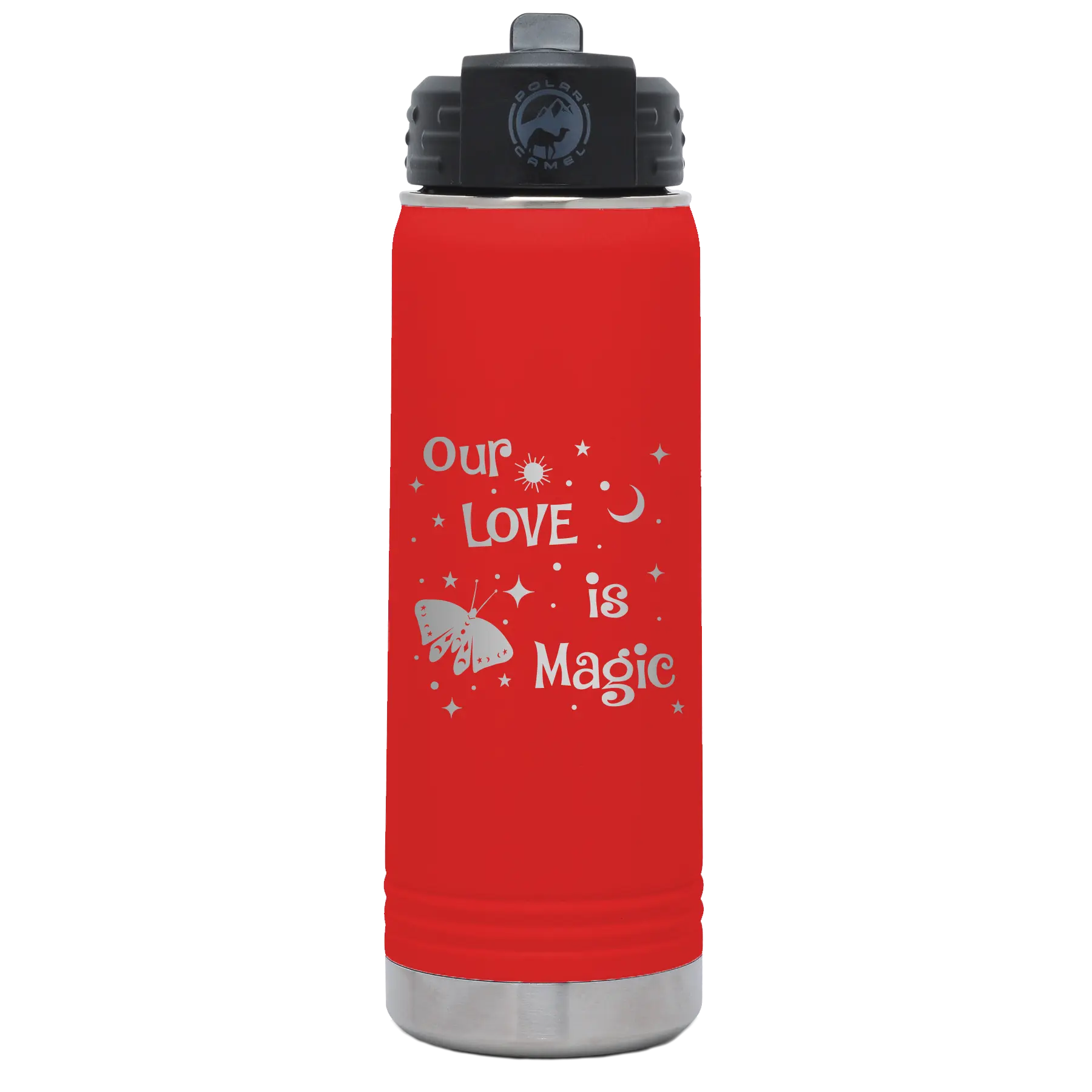 Laser etched red 20 oz vacuum insulated water bottle with 'Our Love is Magic' design