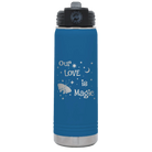 Laser etched royal blue 20 oz vacuum insulated water bottle with 'Our Love is Magic' design