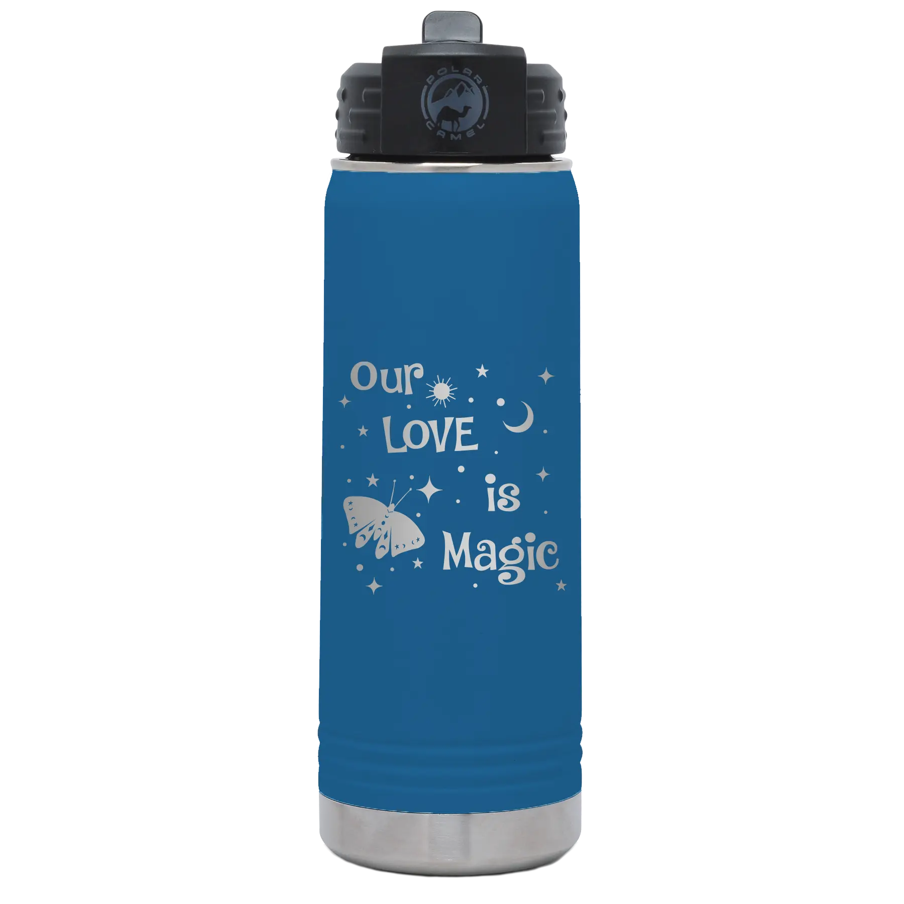 Laser etched royal blue 20 oz vacuum insulated water bottle with 'Our Love is Magic' design