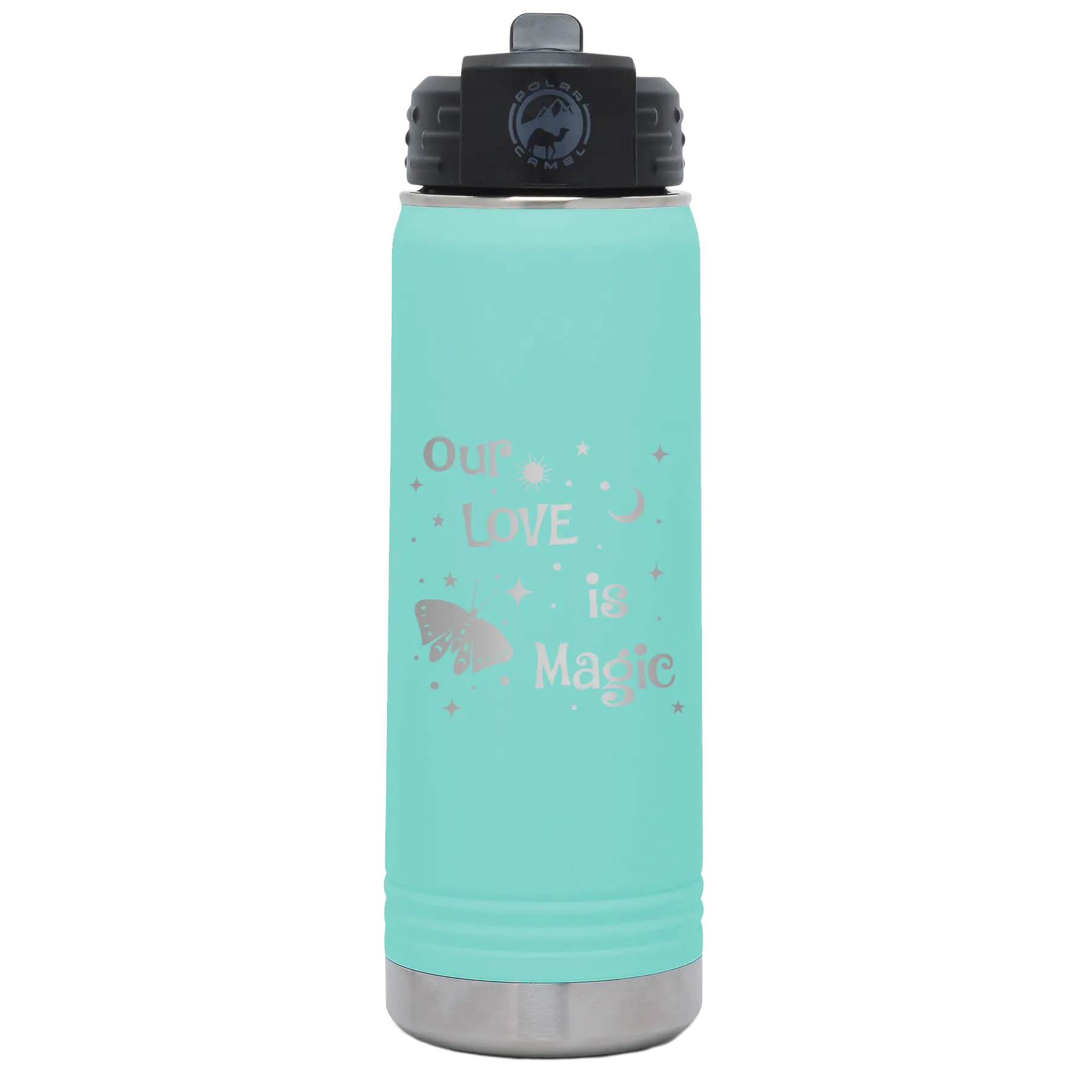 Laser etched teal 20 oz vacuum insulated water bottle with 'Our Love is Magic' design