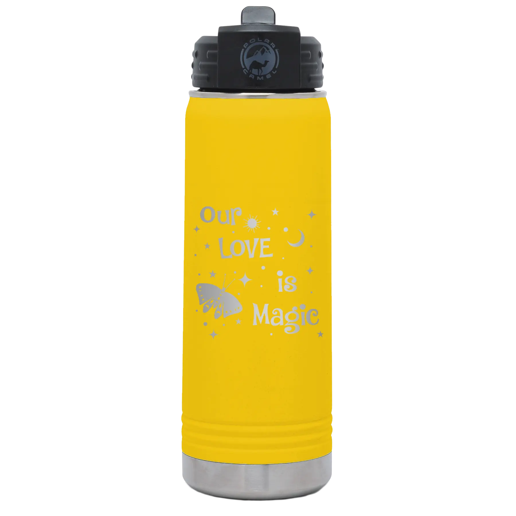 Laser etched yellow 20 oz vacuum insulated water bottle with 'Our Love is Magic' design