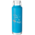 Laser etched aqua 24 oz vacuum insulated water bottle with 'Our Love is Magic' design