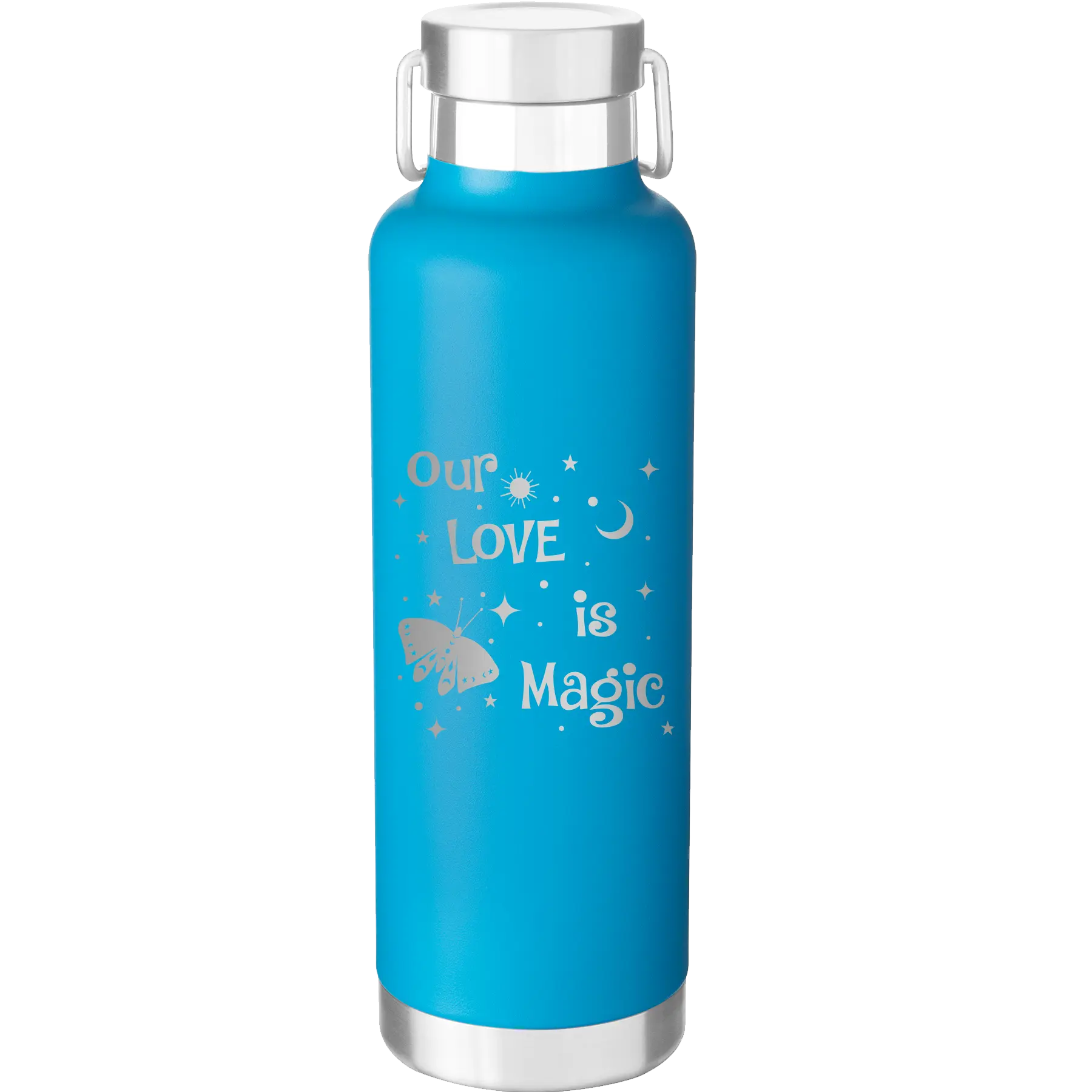 Laser etched aqua 24 oz vacuum insulated water bottle with 'Our Love is Magic' design