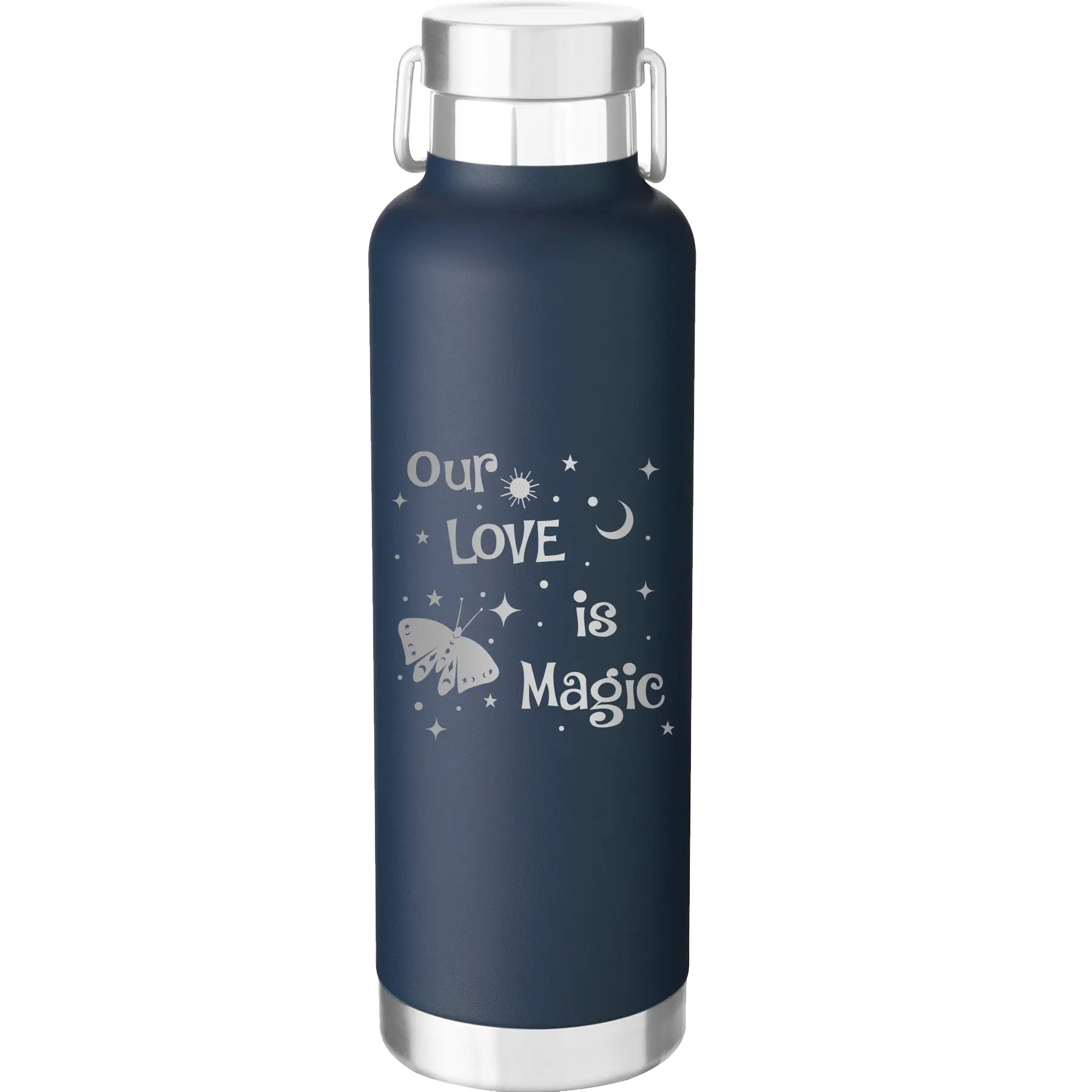 Laser etched navy 24 oz vacuum insulated water bottle with 'Our Love is Magic' design