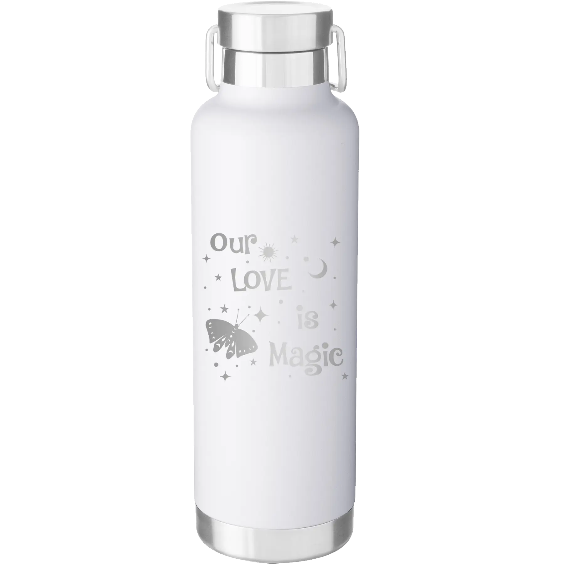 Laser etched white 24 oz vacuum insulated water bottle with 'Our Love is Magic' design