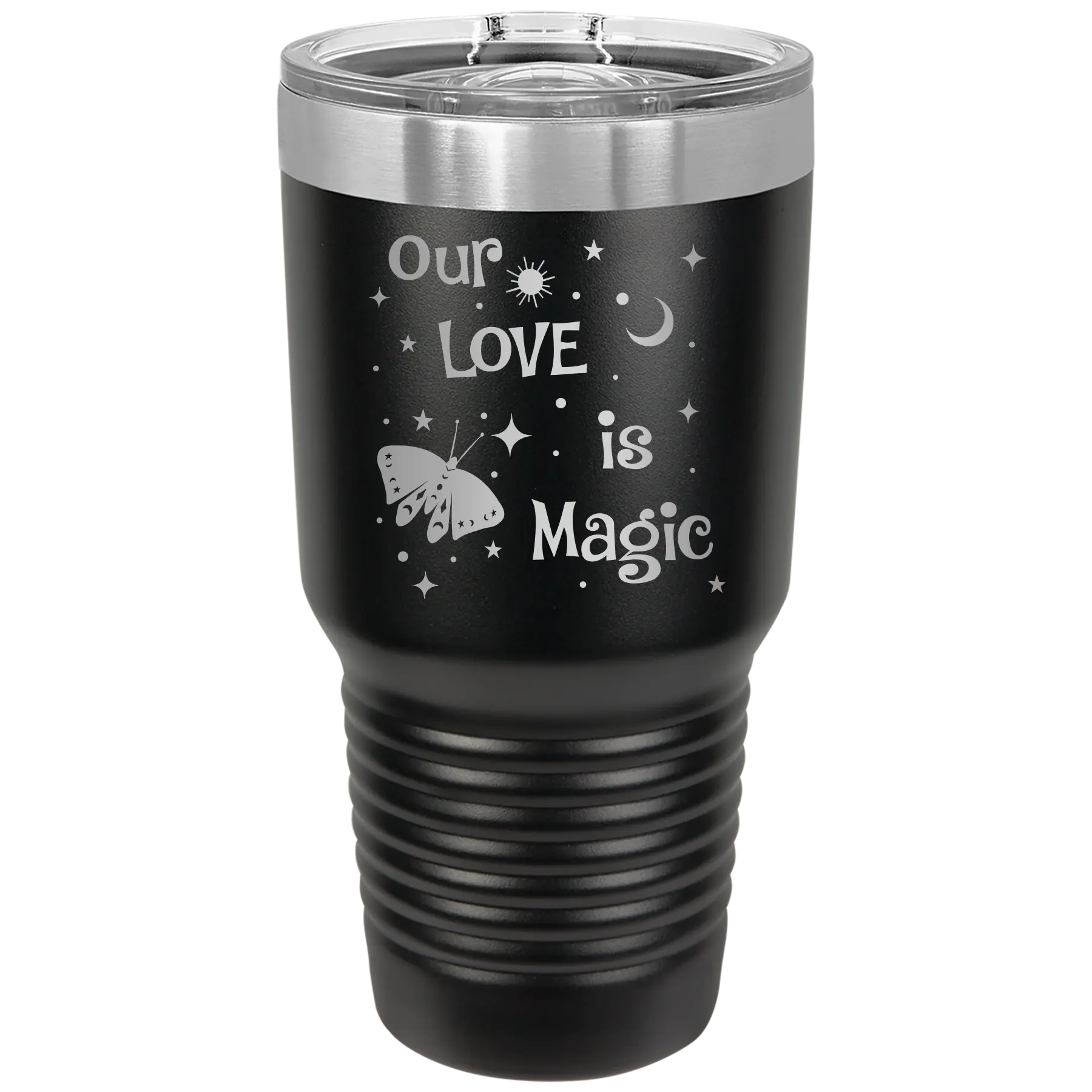 Laser etched black 30 oz vacuum insulated tumbler with 'Our Love is Magic' design