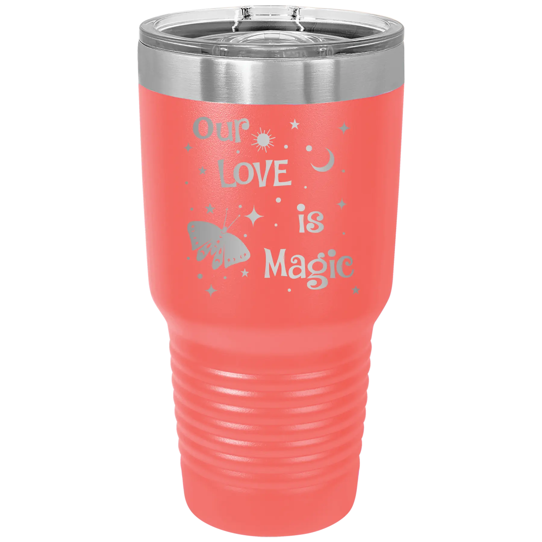 Laser etched coral 30 oz vacuum insulated tumbler with 'Our Love is Magic' design
