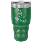 Laser etched green 30 oz vacuum insulated tumbler with 'Our Love is Magic' design