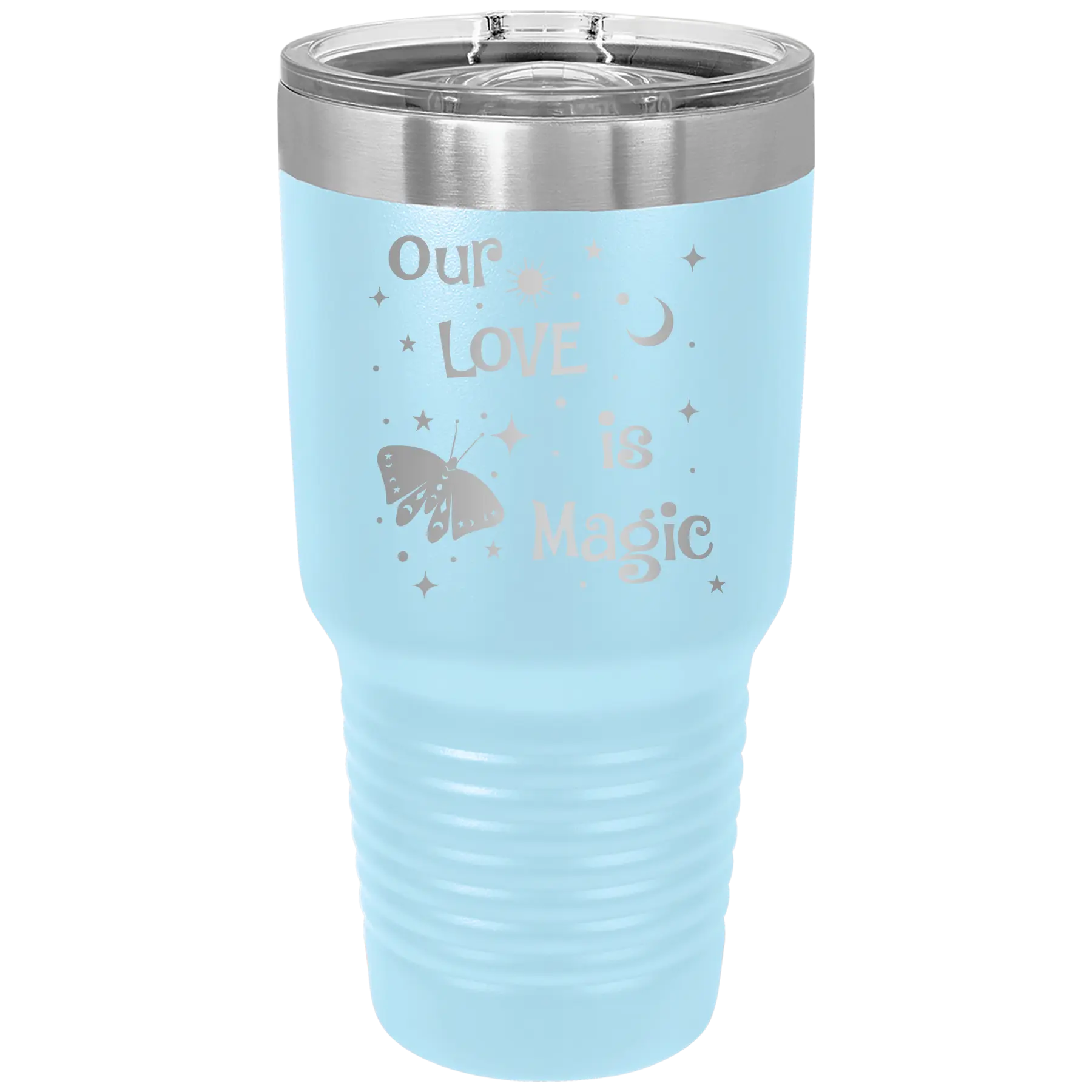 Laser etched light blue 30 oz vacuum insulated tumbler with 'Our Love is Magic' design