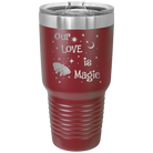Laser etched maroon 30 oz vacuum insulated tumbler with 'Our Love is Magic' design