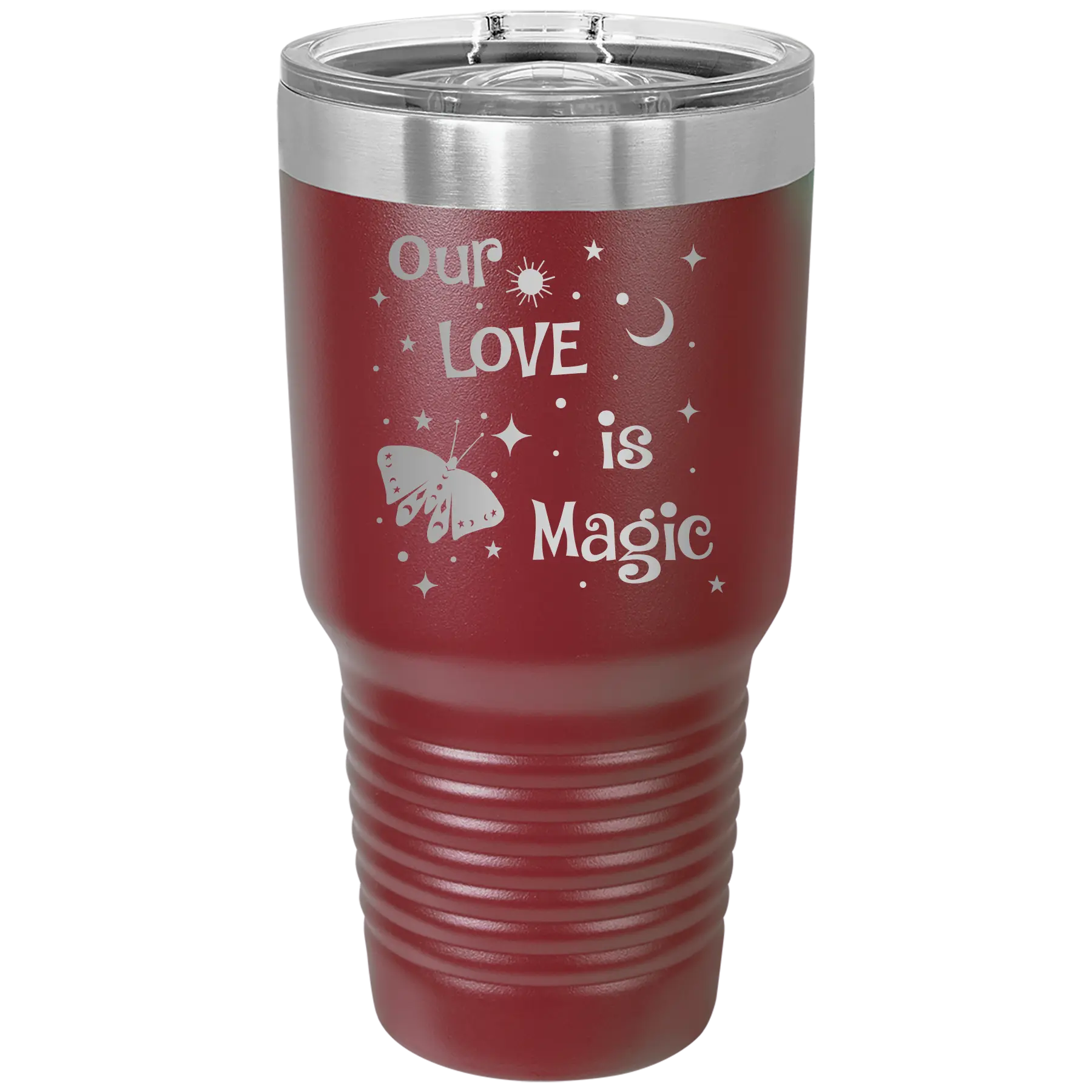Laser etched maroon 30 oz vacuum insulated tumbler with 'Our Love is Magic' design