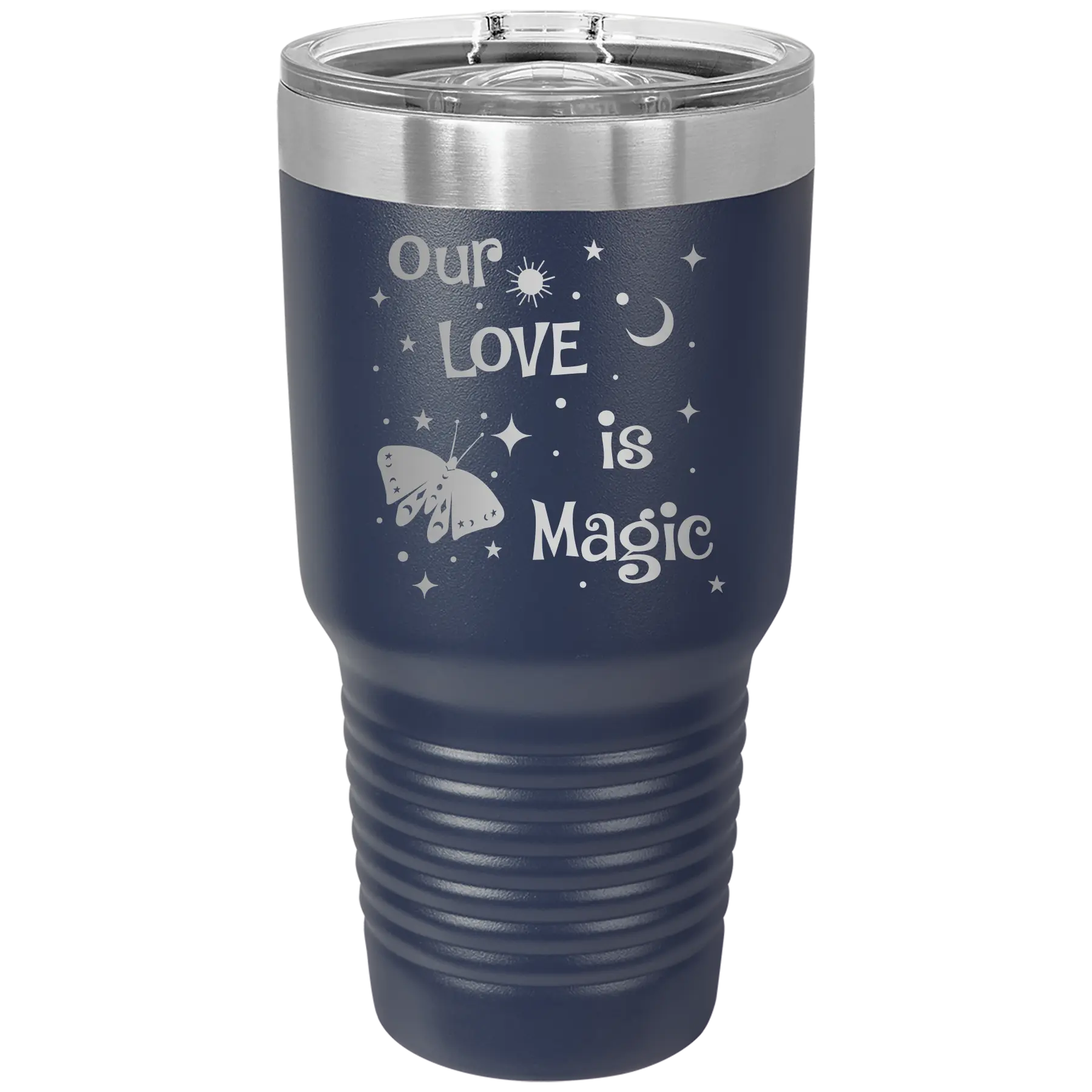 Laser etched navy 30 oz vacuum insulated tumbler with 'Our Love is Magic' design