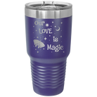 Laser etched purple 30 oz vacuum insulated tumbler with 'Our Love is Magic' design