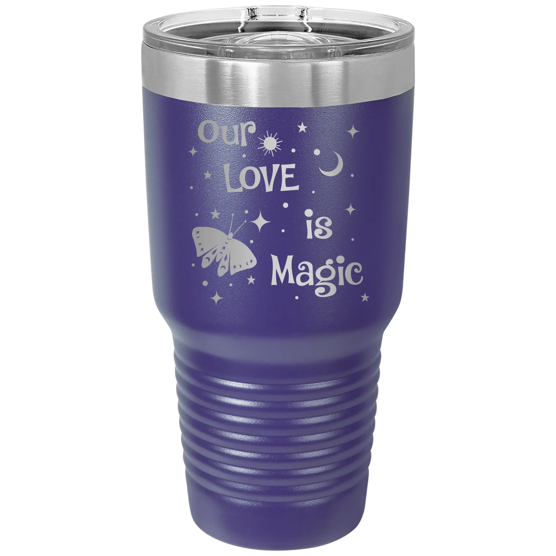 Laser etched purple 30 oz vacuum insulated tumbler with 'Our Love is Magic' design