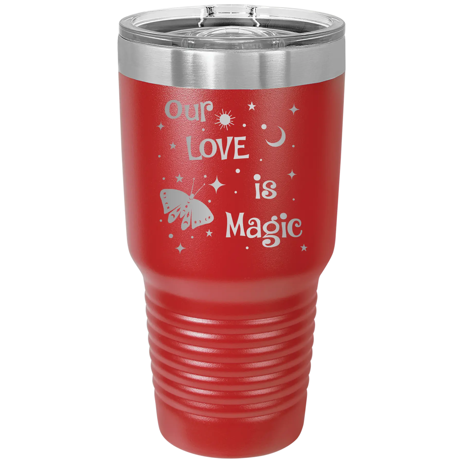 Laser etched red 30 oz vacuum insulated tumbler with 'Our Love is Magic' design