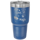 Laser etched royal blue 30 oz vacuum insulated tumbler with 'Our Love is Magic' design