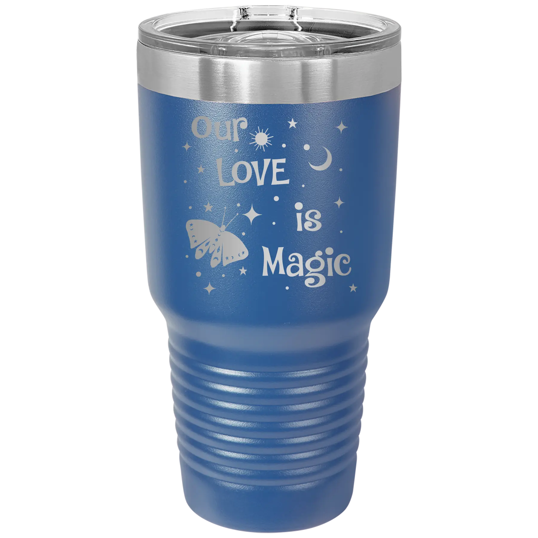 Laser etched royal blue 30 oz vacuum insulated tumbler with 'Our Love is Magic' design