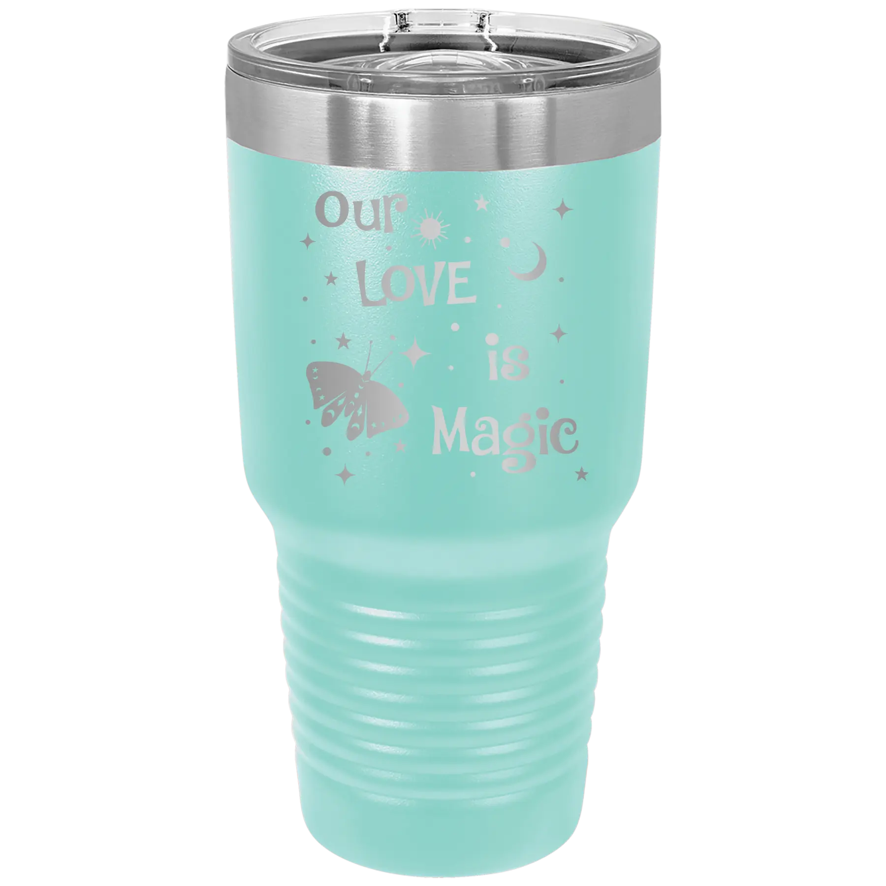 Laser etched teal 30 oz vacuum insulated tumbler with 'Our Love is Magic' design