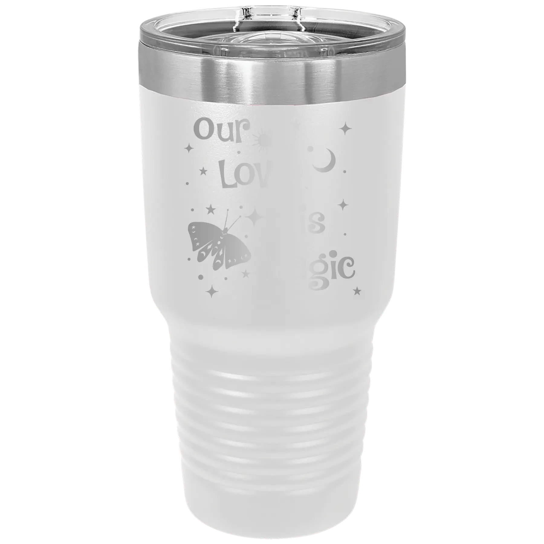 Laser etched white 30 oz vacuum insulated tumbler with 'Our Love is Magic' design
