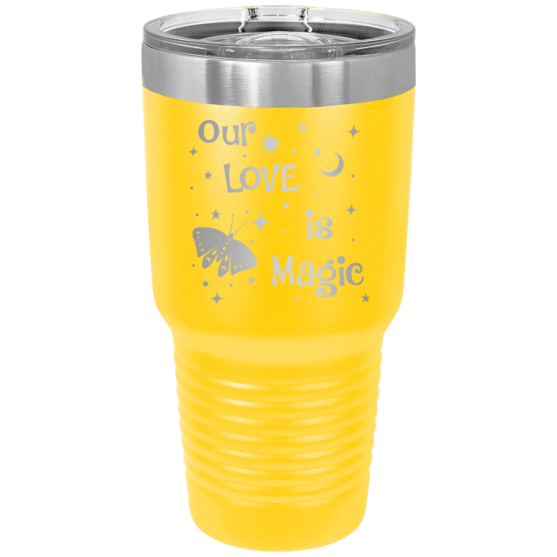 Laser etched yellow 30 oz vacuum insulated tumbler with 'Our Love is Magic' design