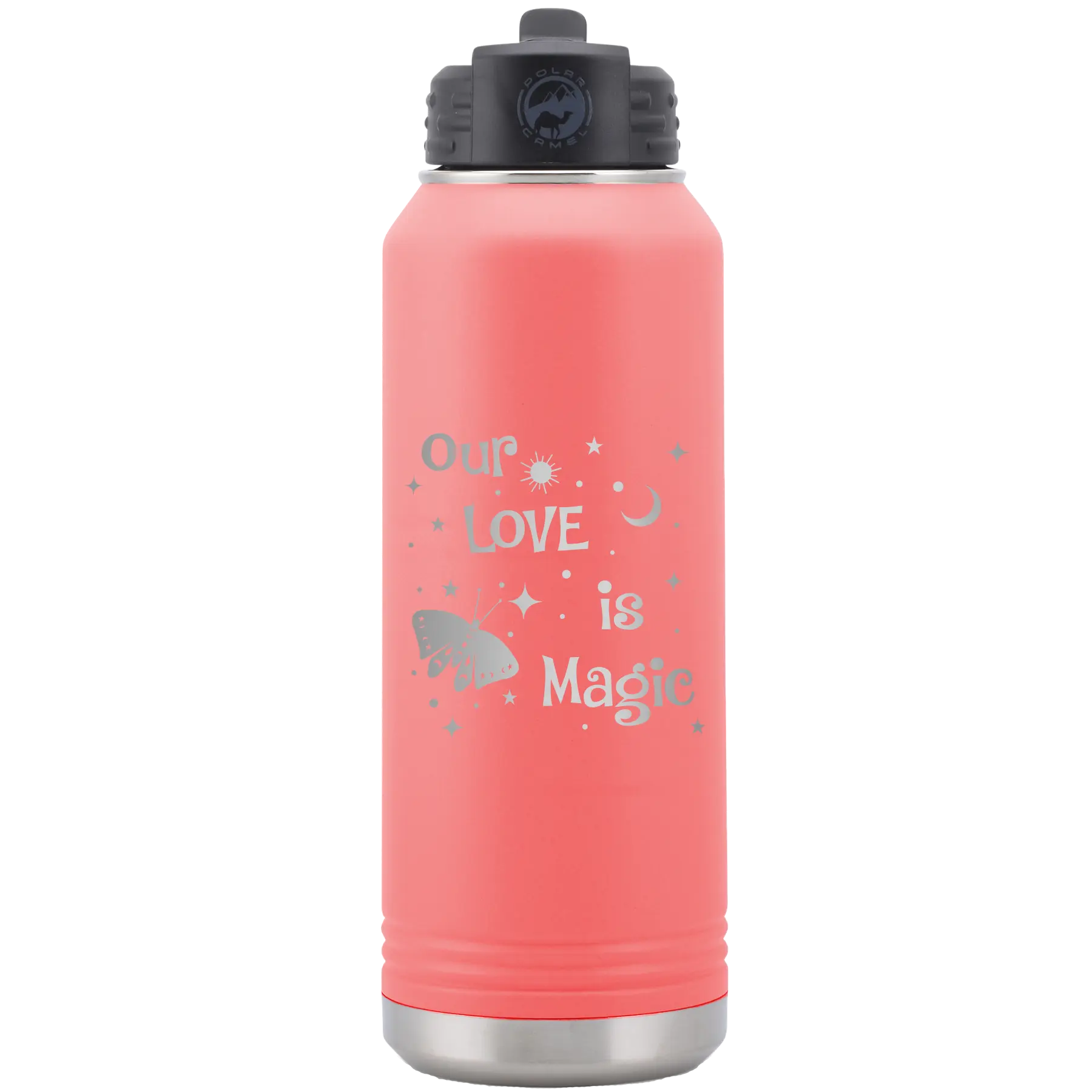 Laser etched coral 32 oz vacuum insulated water bottle with 'Our Love is Magic' design