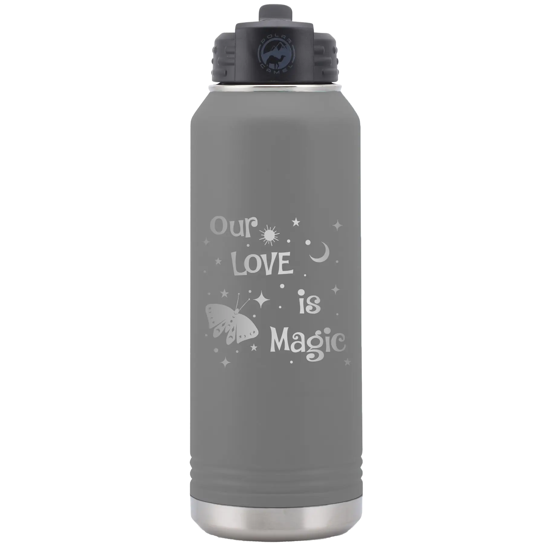 Laser etched dark gray 32 oz vacuum insulated water bottle with 'Our Love is Magic' design