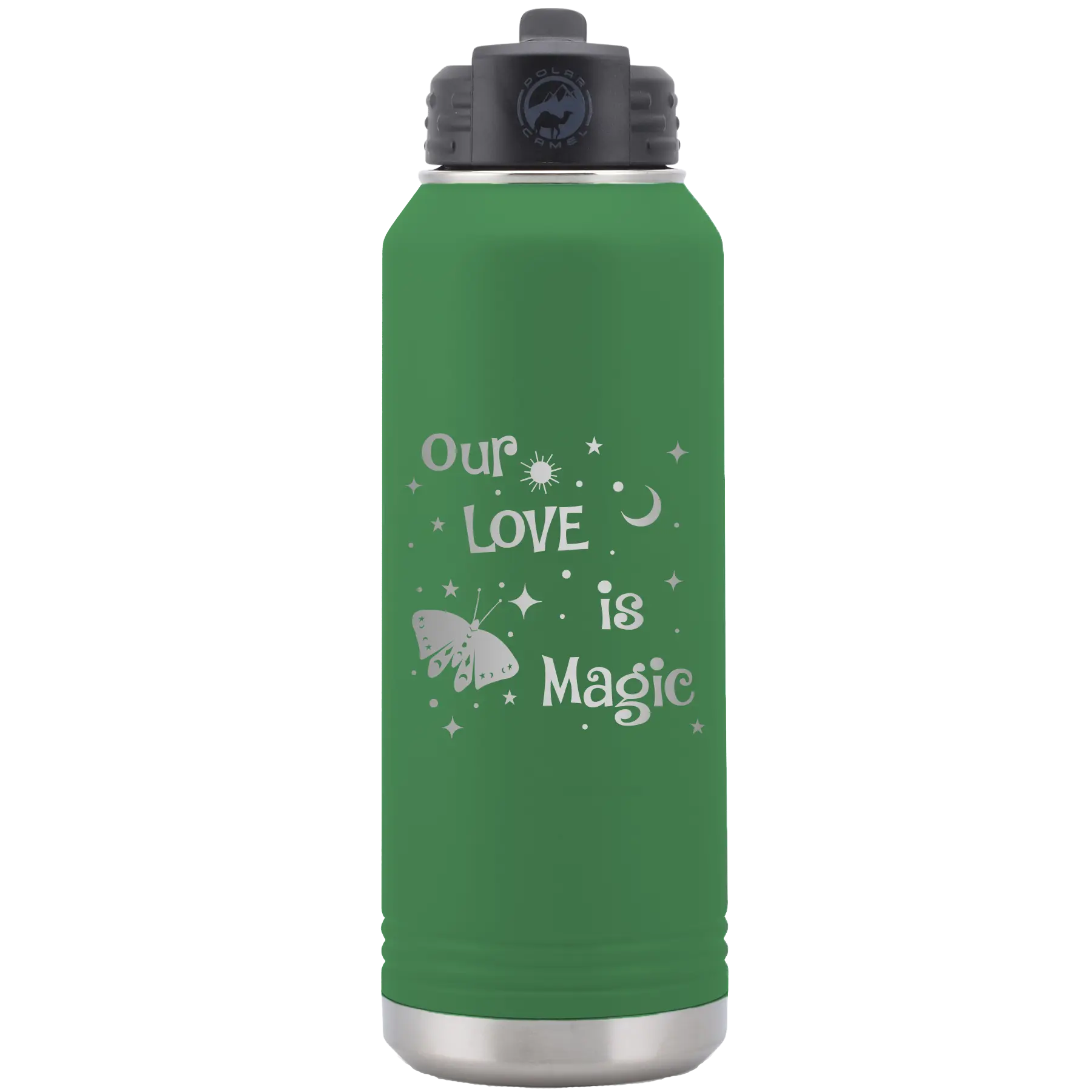 Laser etched green 32 oz vacuum insulated water bottle with 'Our Love is Magic' design