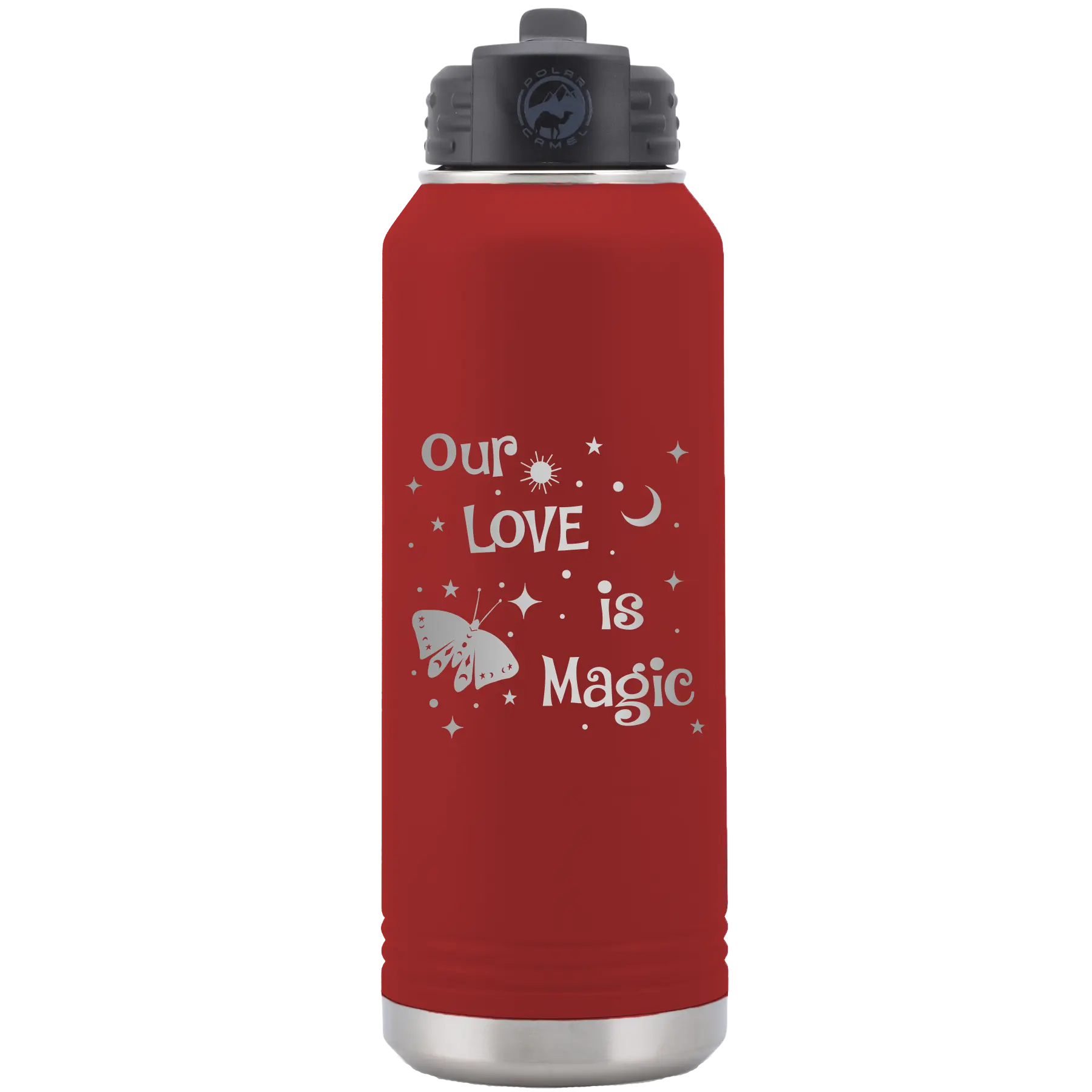 Laser etched maroon 32 oz vacuum insulated water bottle with 'Our Love is Magic' design
