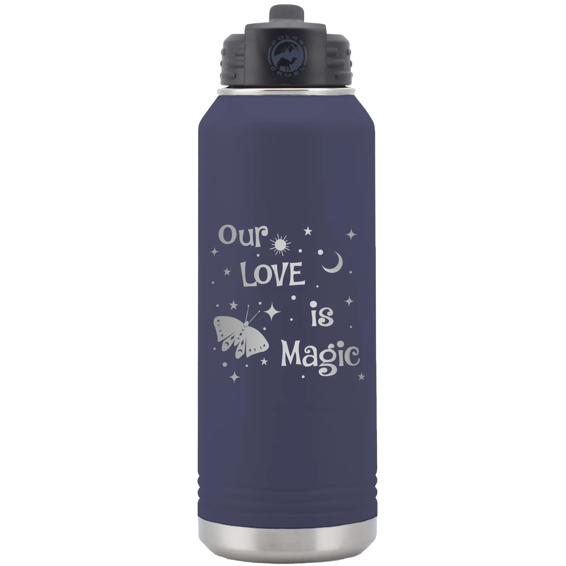 Laser etched navy 32 oz vacuum insulated water bottle with 'Our Love is Magic' design
