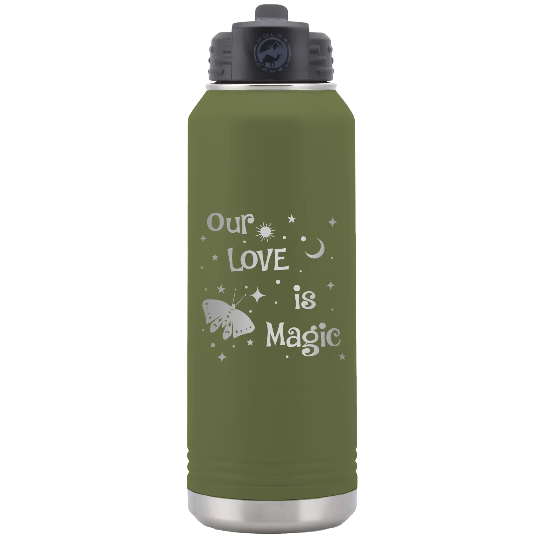 Laser etched olive green 32 oz vacuum insulated water bottle with 'Our Love is Magic' design