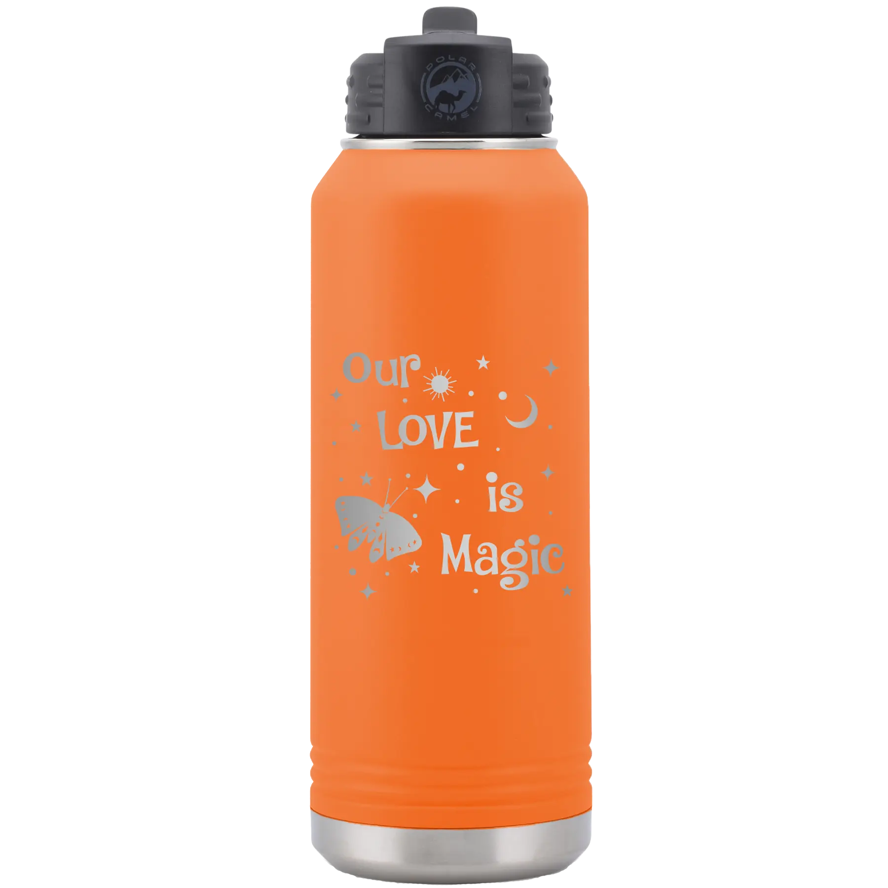 Laser etched orange 32 oz vacuum insulated water bottle with 'Our Love is Magic' design