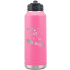 Laser etched pink 32 oz vacuum insulated water bottle with 'Our Love is Magic' design