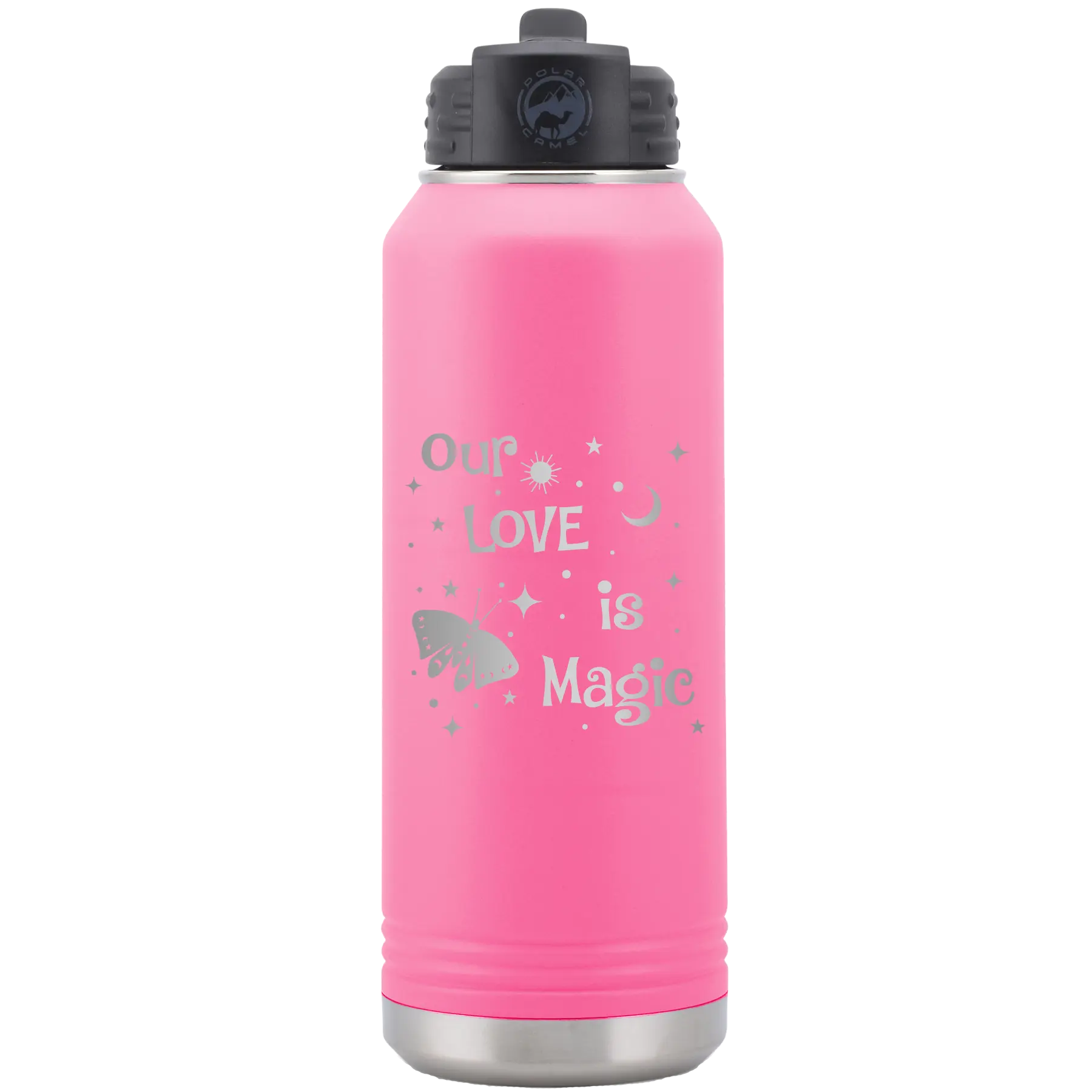 Laser etched pink 32 oz vacuum insulated water bottle with 'Our Love is Magic' design