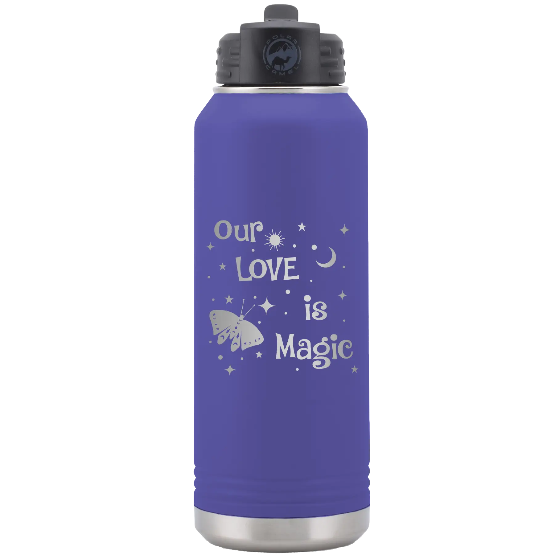 Laser etched purple 32 oz vacuum insulated water bottle with 'Our Love is Magic' design
