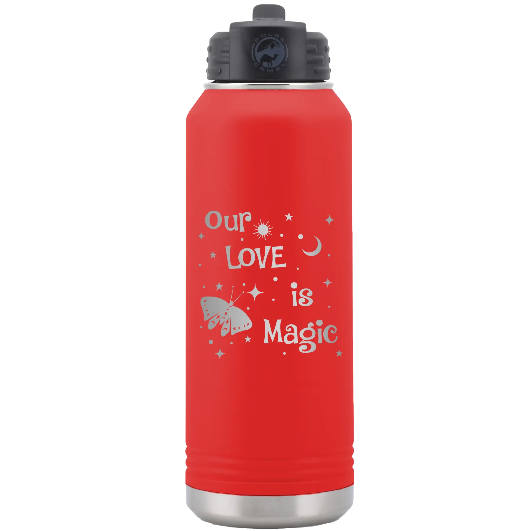 Laser etched red 32 oz vacuum insulated water bottle with 'Our Love is Magic' design