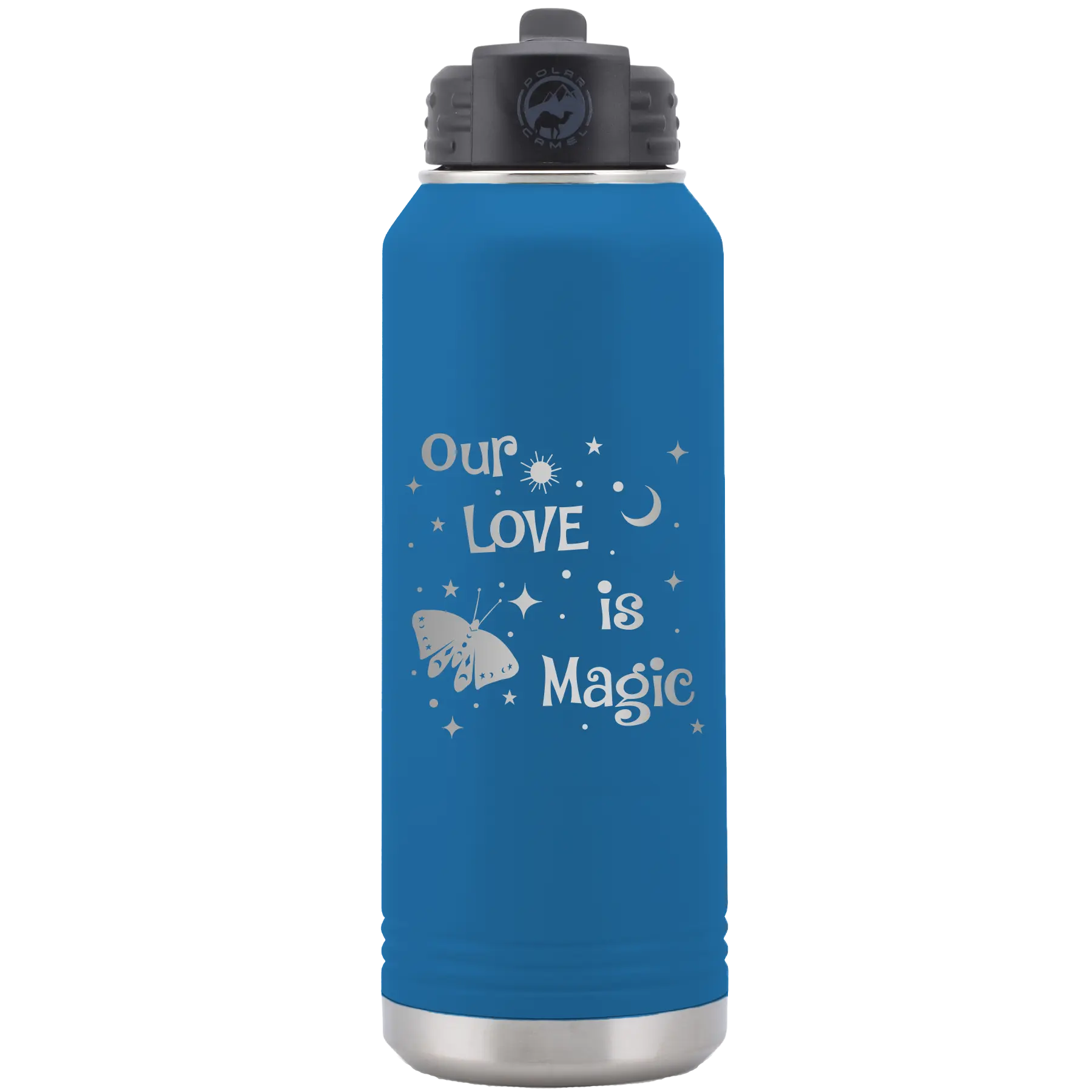 Laser etched royal blue 32 oz vacuum insulated water bottle with 'Our Love is Magic' design