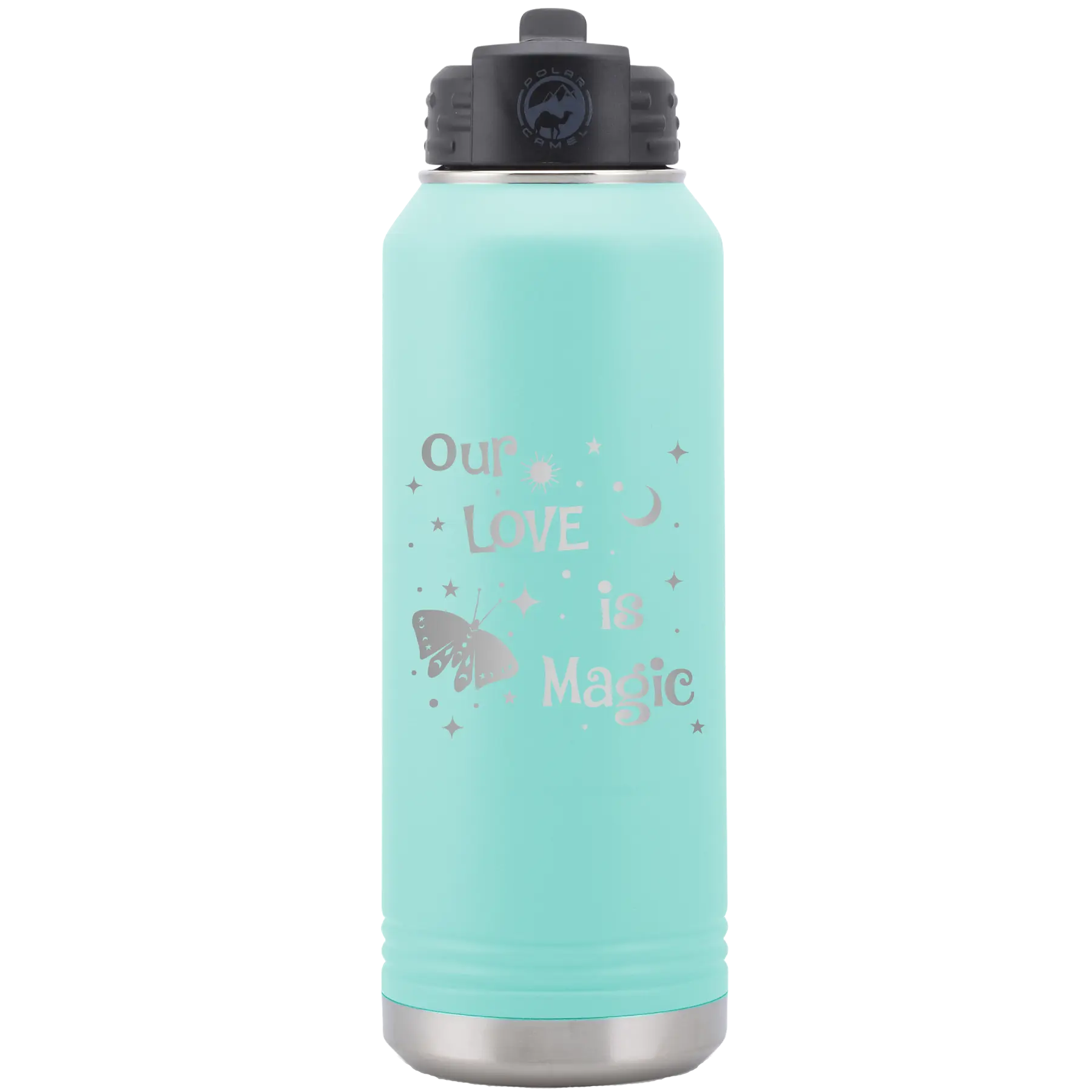 Laser etched teal 32 oz vacuum insulated water bottle with 'Our Love is Magic' design