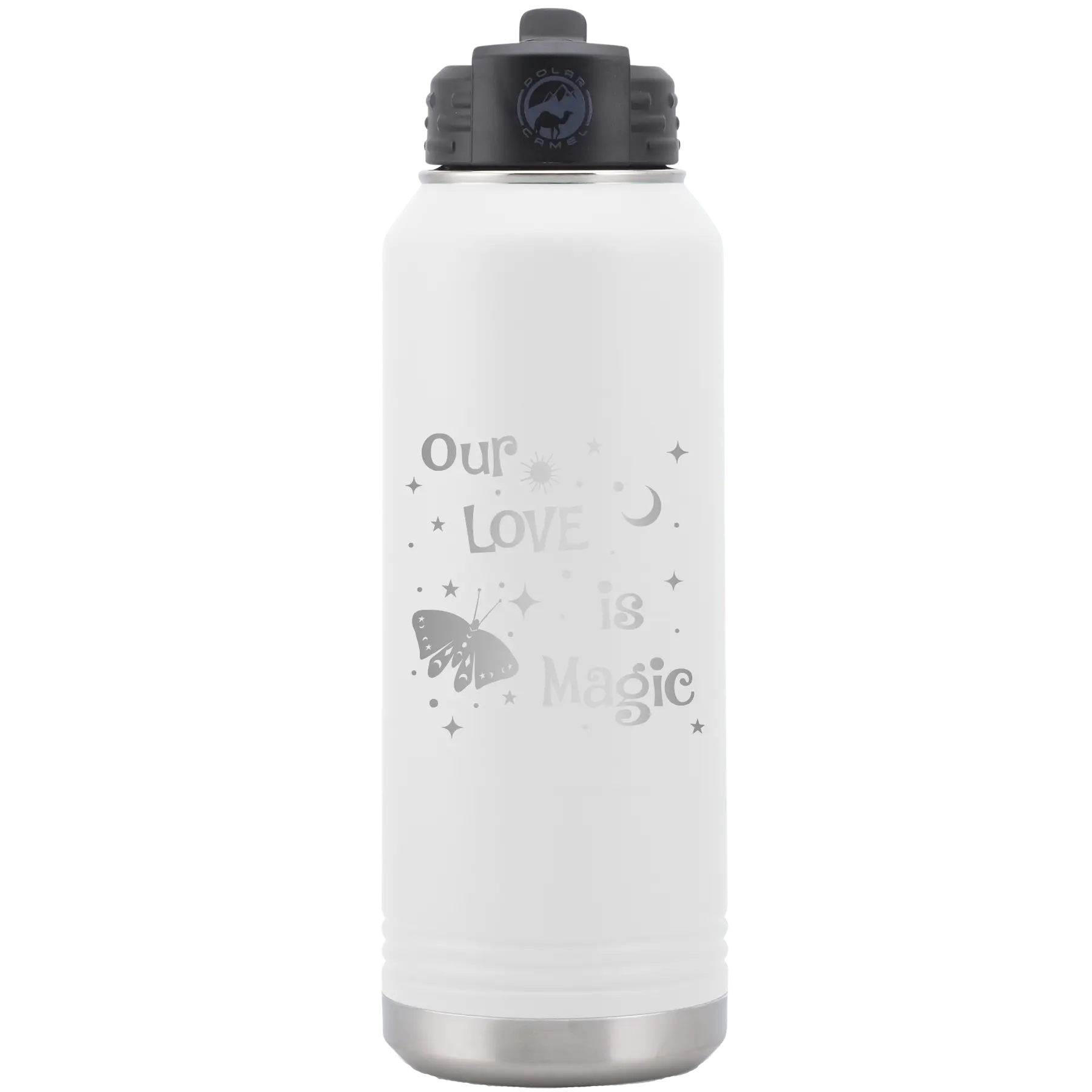 Laser etched white 32 oz vacuum insulated water bottle with 'Our Love is Magic' design