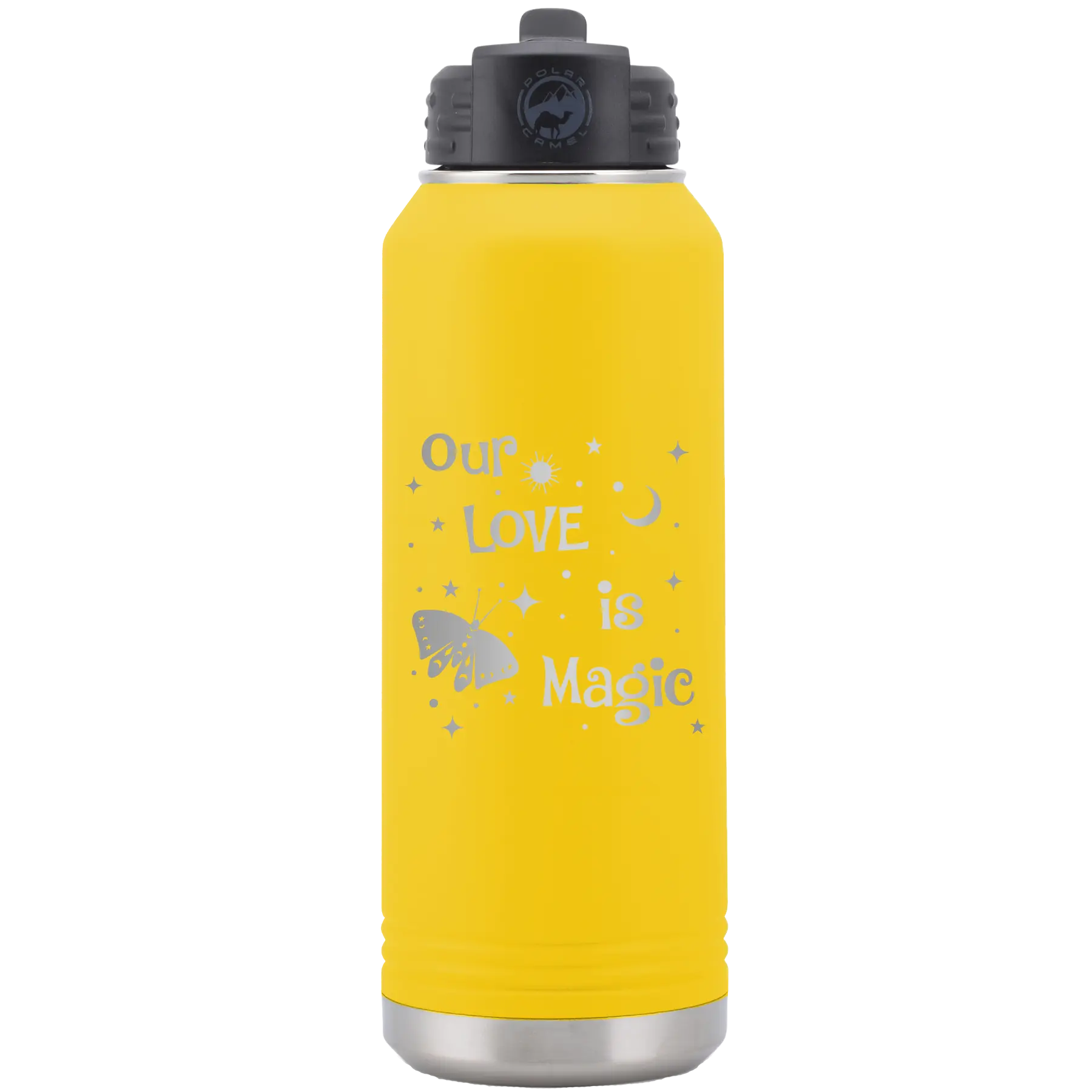 Laser etched yellow 32 oz vacuum insulated water bottle with 'Our Love is Magic' design