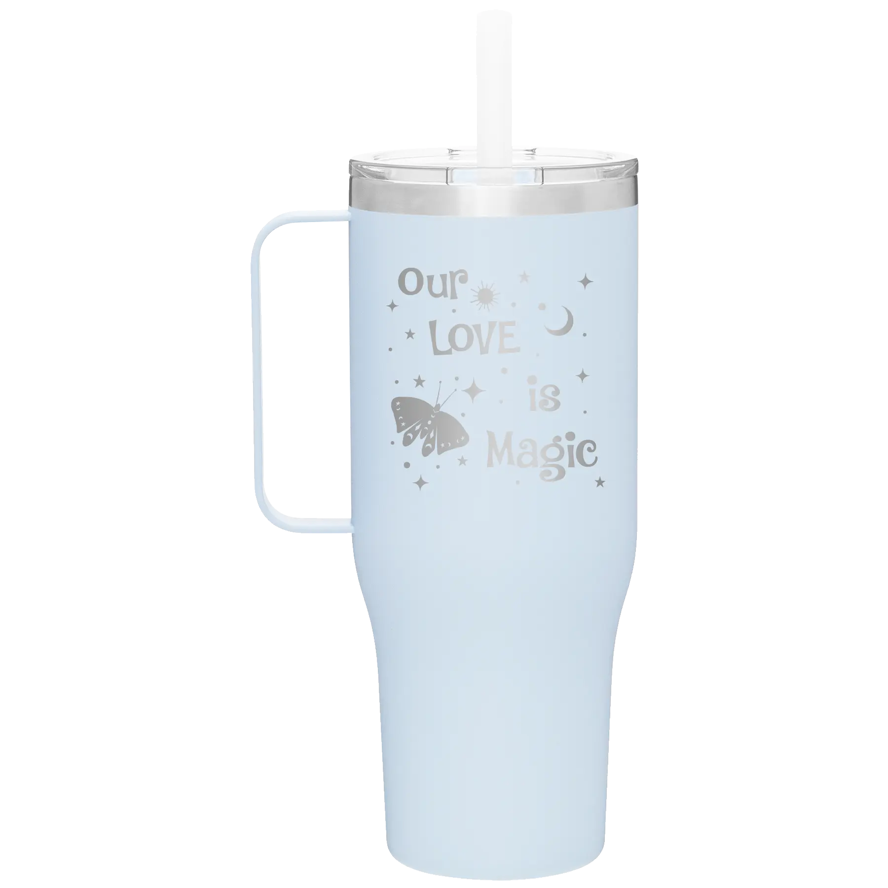 Laser etched landfall 40 oz vacuum insulated tumbler mug with 'Our Love is Magic' design