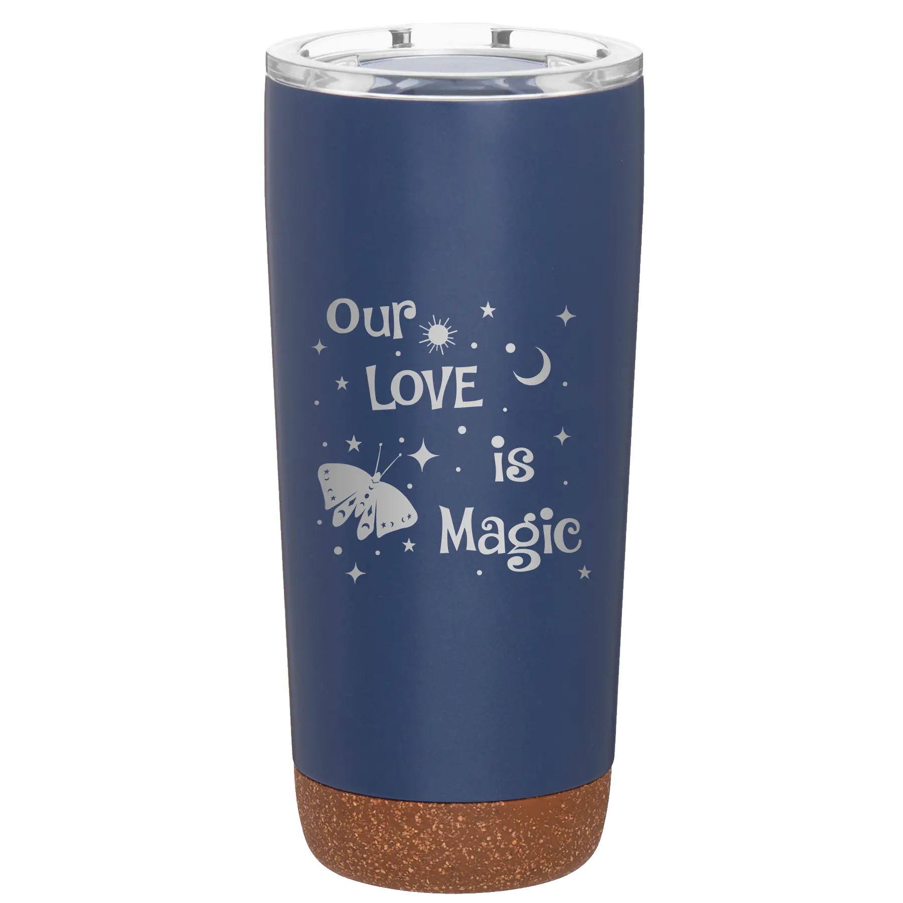 Laser etched constellation 20 oz vacuum insulated tumbler with 'Our Love is Magic' design
