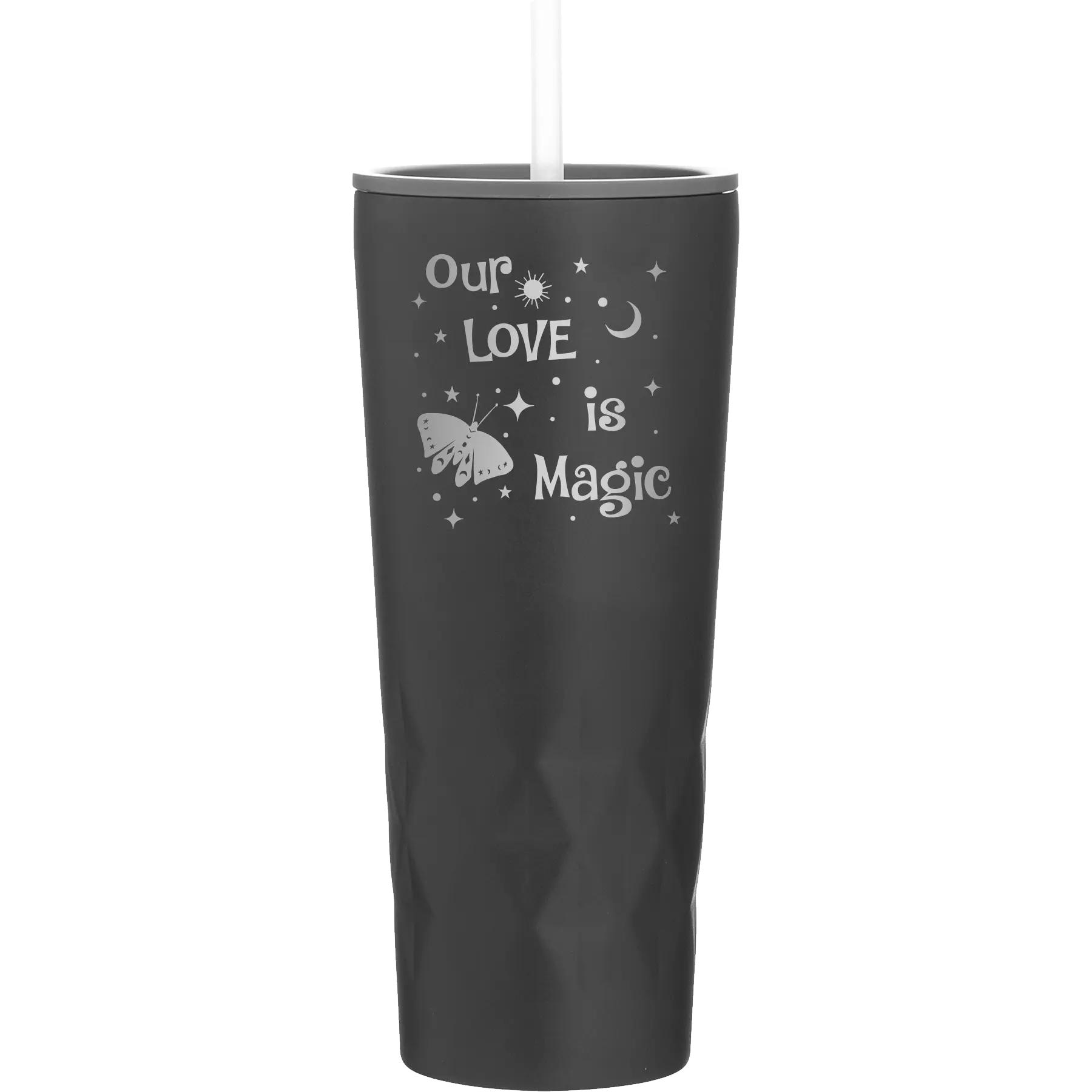 Laser etched black 20 oz vacuum insulated tumbler with 'Our Love is Magic' design