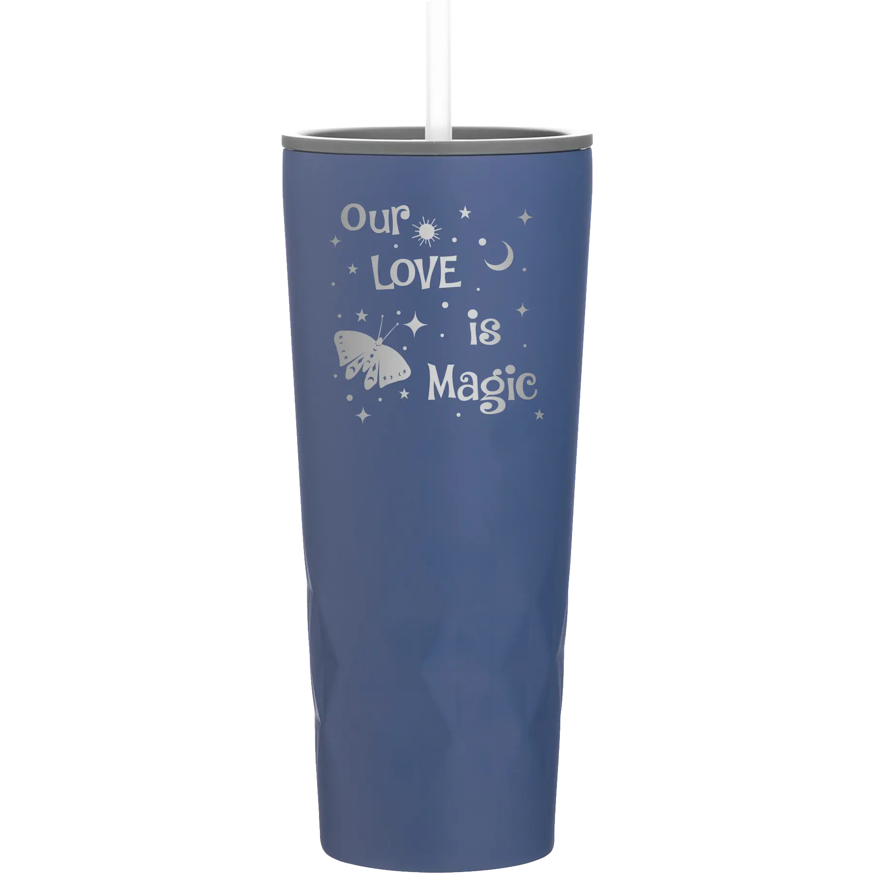 Laser etched constellation 20 oz vacuum insulated tumbler with 'Our Love is Magic' design