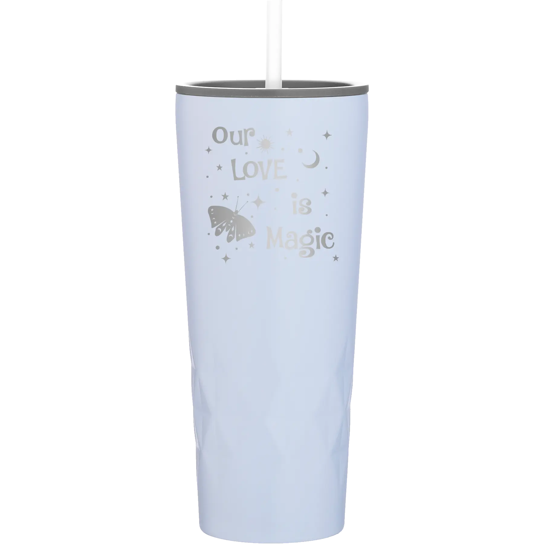 Laser etched landfall 20 oz vacuum insulated tumbler with 'Our Love is Magic' design
