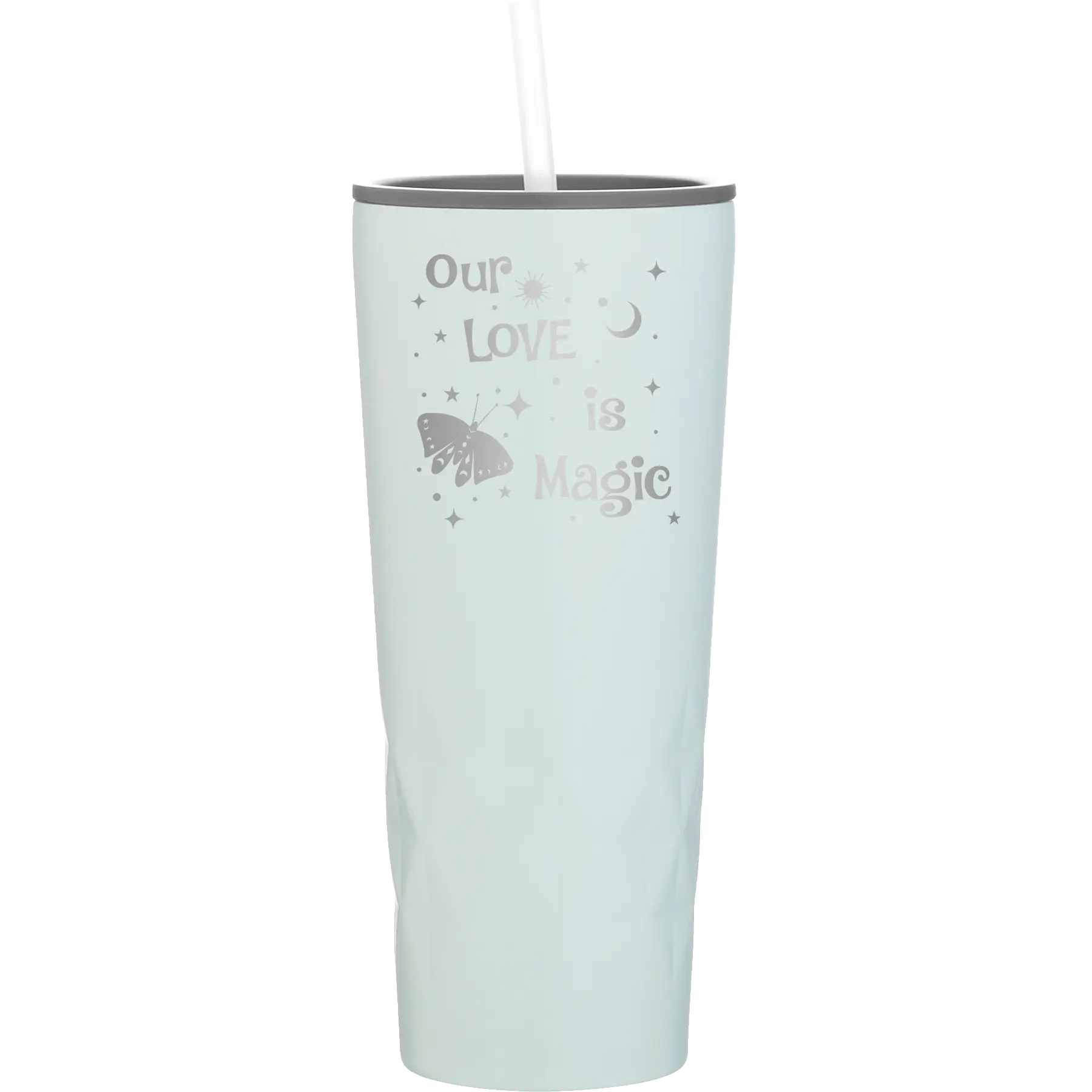 Laser etched meadow 20 oz vacuum insulated tumbler with 'Our Love is Magic' design