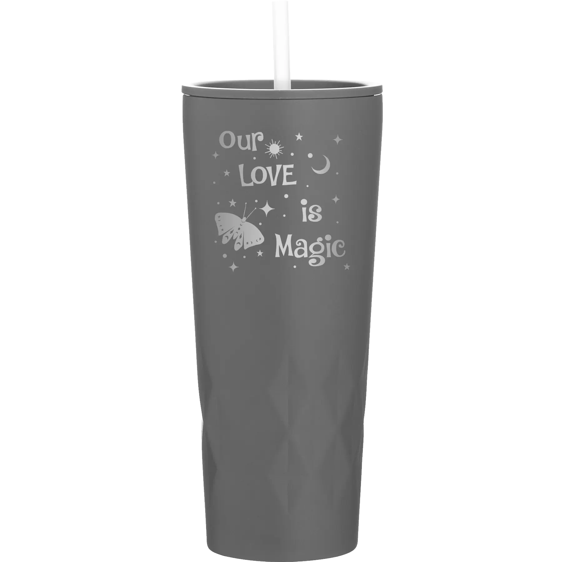 Laser etched slate 20 oz vacuum insulated tumbler with 'Our Love is Magic' design