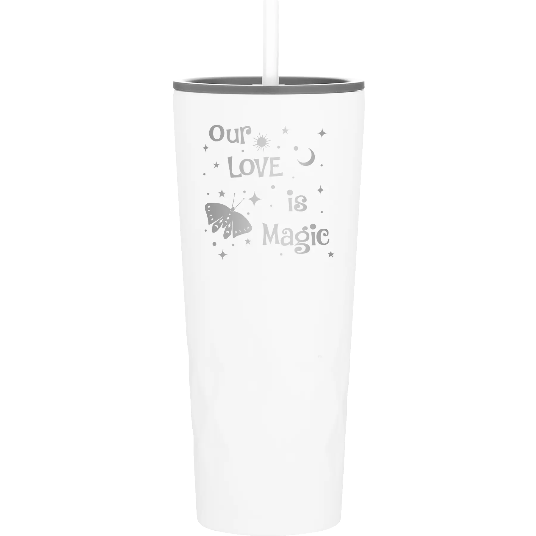 Laser etched white 20 oz vacuum insulated tumbler with 'Our Love is Magic' design