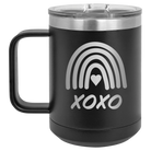 Laser etched black 15 oz vacuum insulated coffee mug with 'XOXO Rainbow' design