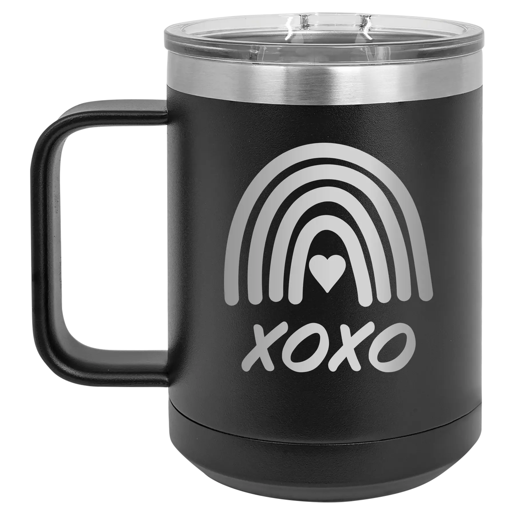 Laser etched black 15 oz vacuum insulated coffee mug with 'XOXO Rainbow' design